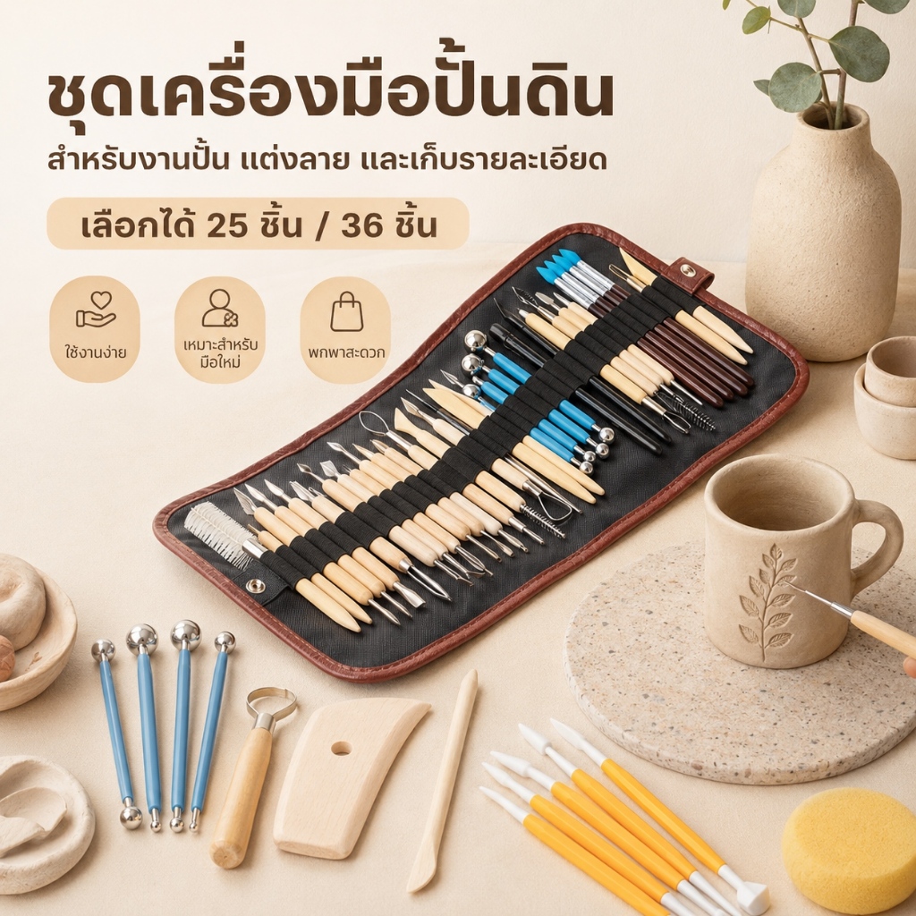 เครื่องมือปั้นดิน ชุดเครื่องมือปั้นดิน มีให้เลือก 25 หรือ 36 ชิ้น ไม้ปั้นหลากหลาย พกพาง่าย พร้อมกระเป๋า