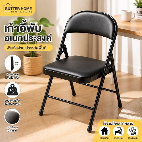 [พร้อมส่ง] เก้าอี้พับได้ เก้าอี้ทำงาน เบาะหนังนุ่ม ไม่ต้องประกอบ รับน้ำหนัก 150kg โครงเหล็ก มินิมอล 45x47x79cm