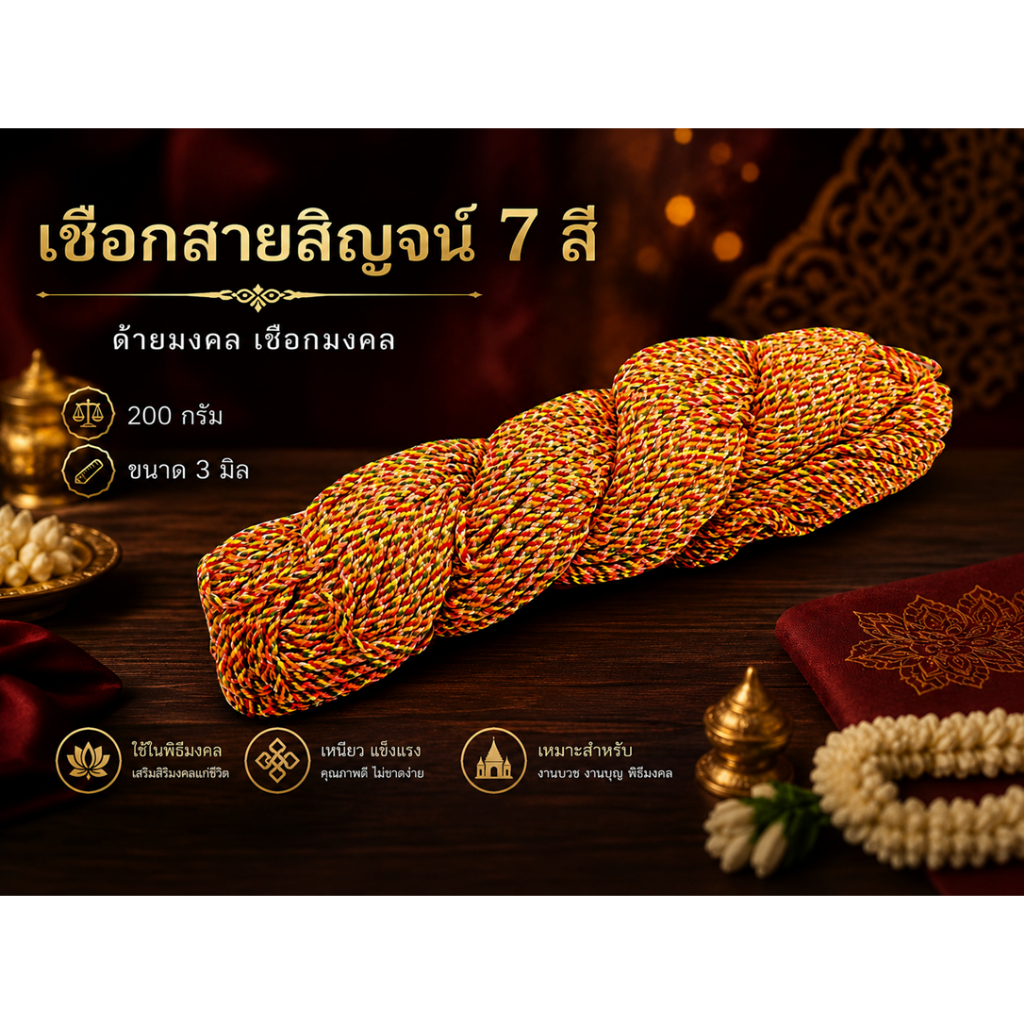 เชือกสายสิญจน์ 7 สี ด้ายมงคล เชือกมงคล ขนาด 3 มิล น้ำหนัก 200 กรัม สำหรับงานบุญ งานพิธี ถักสร้อยข้อมือ