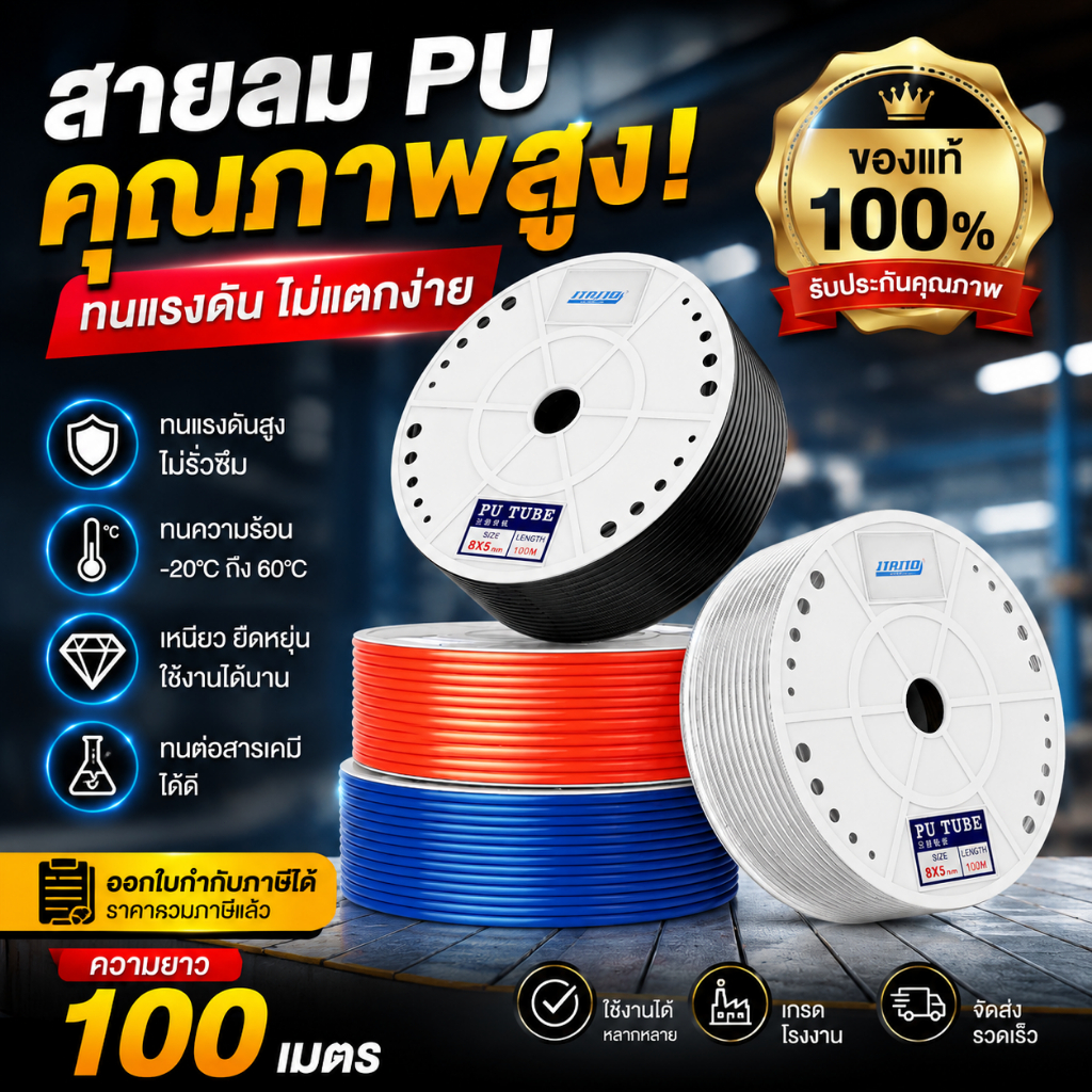 สายลม PU ท่อปั๊มลม ท่อเครื่องอัดอากาศ ใช้กับคอมเพรสเซอร์ นิวเมติก ขายต่อเมตร ขนาด 4/8/10 มม.