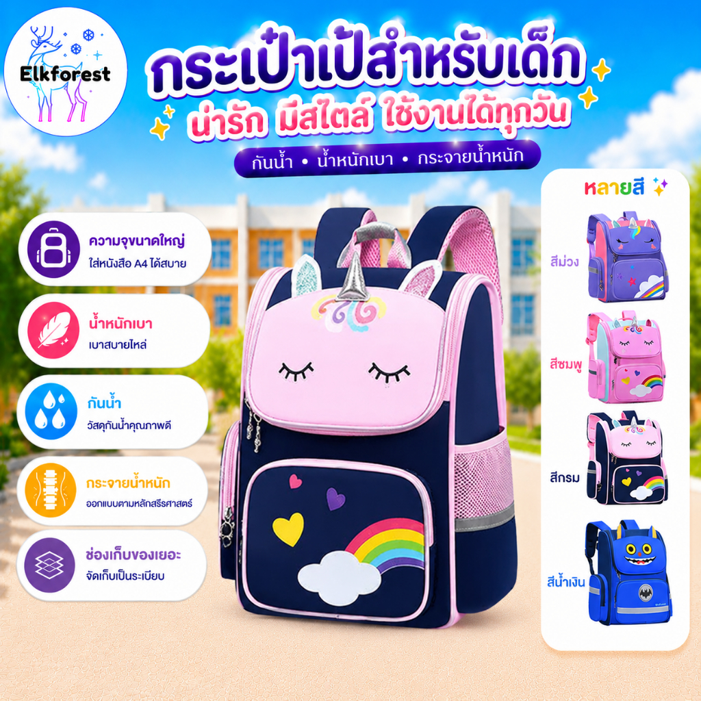 2026 สาวยูนิคอร์นโรงเรียนกระเป๋าการ์ตูนกระเป๋าเป้สะพายหลังโรงเรียนอนุบาลกระเป๋านักเรียนประถมสำหรับเด
