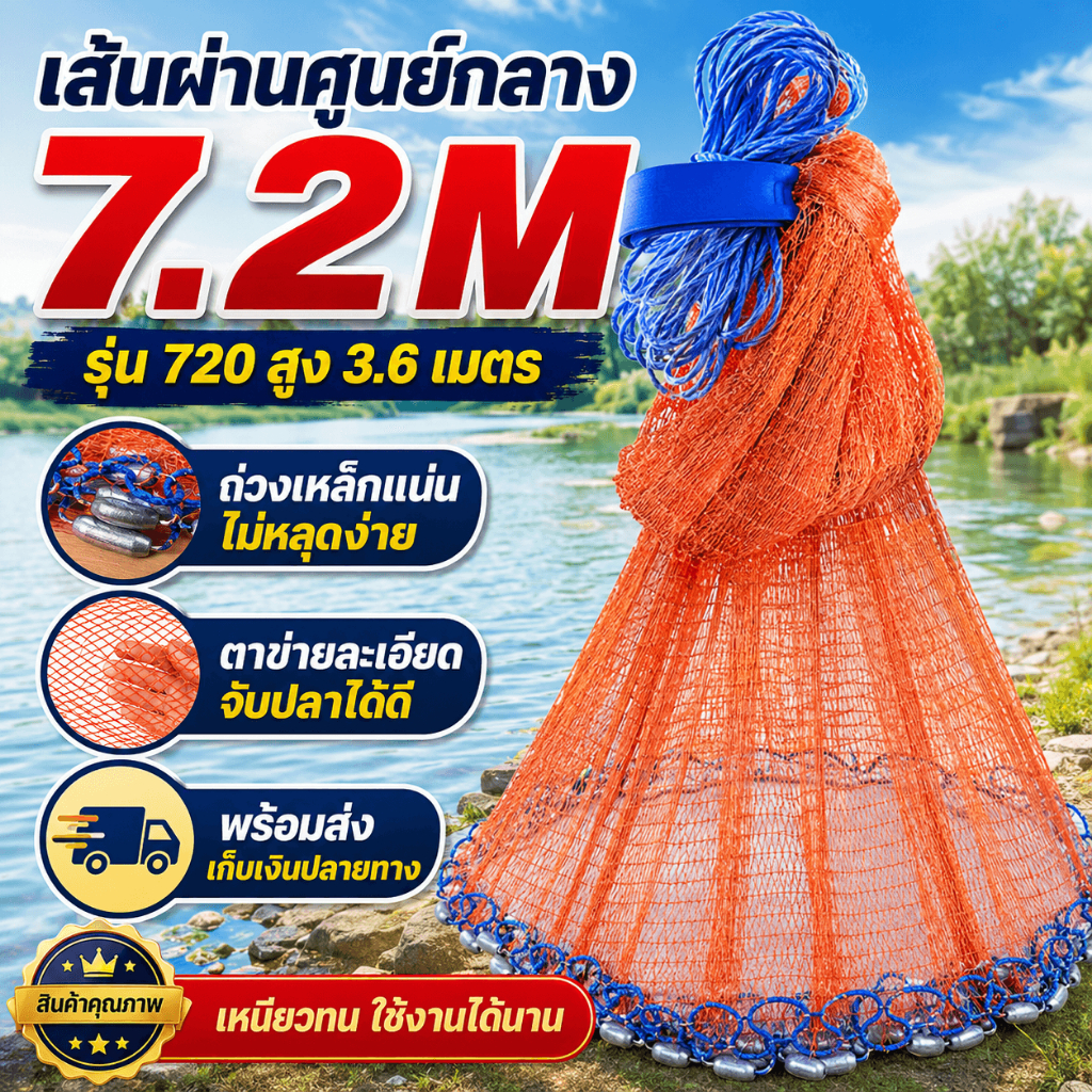 🐟️Bigsize 7.2M🐟️แหฝรั่งจานบิน แหทอดปลา ถ่วงตะกั่วหนัก ลงน้ำเร็ว แหฝรั่ง ตาแหกว้าง 2-3ซม.