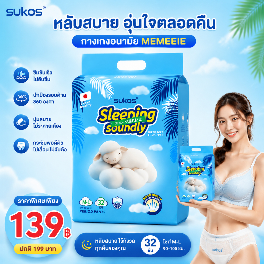 COD SUKOS โปรโมชันจำกัดเวลา กางเกงซานิทารีคริสต์มาส 32 ชิ้น/แพ็ค ระบายอากาศ 360 องศา ป้องกันการรั่วได้ทั้งกลางวันและกลาง