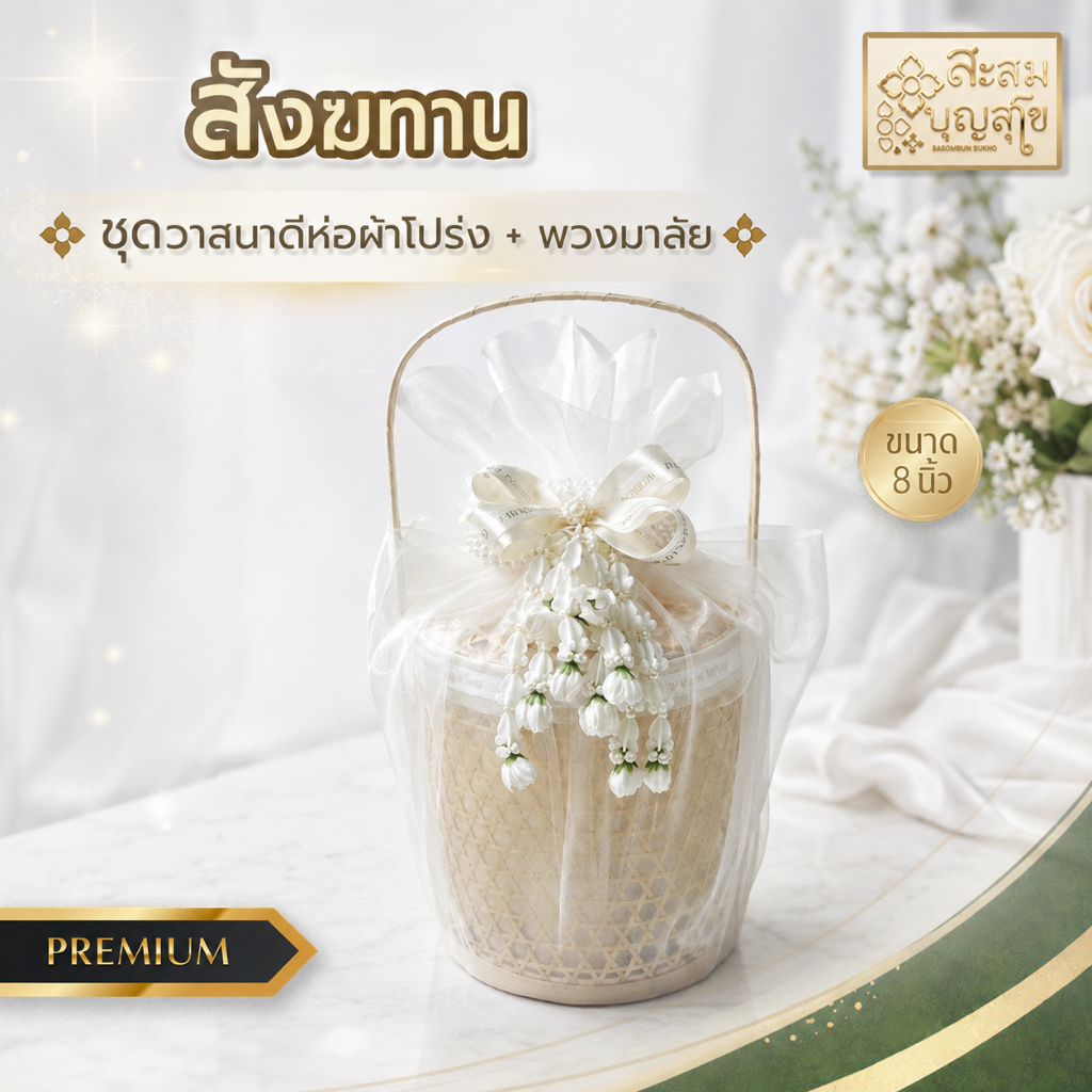 ชุดสังฆทาน ตะกร้าวาสนาดีห่อผ้าโปร่ง 8นิ้ว (สังฆทานพร้อมถวายพระ) วันเกิด งานบุญ งานพิธี งานแต่ง - ร้านสะสมบุญสุโข