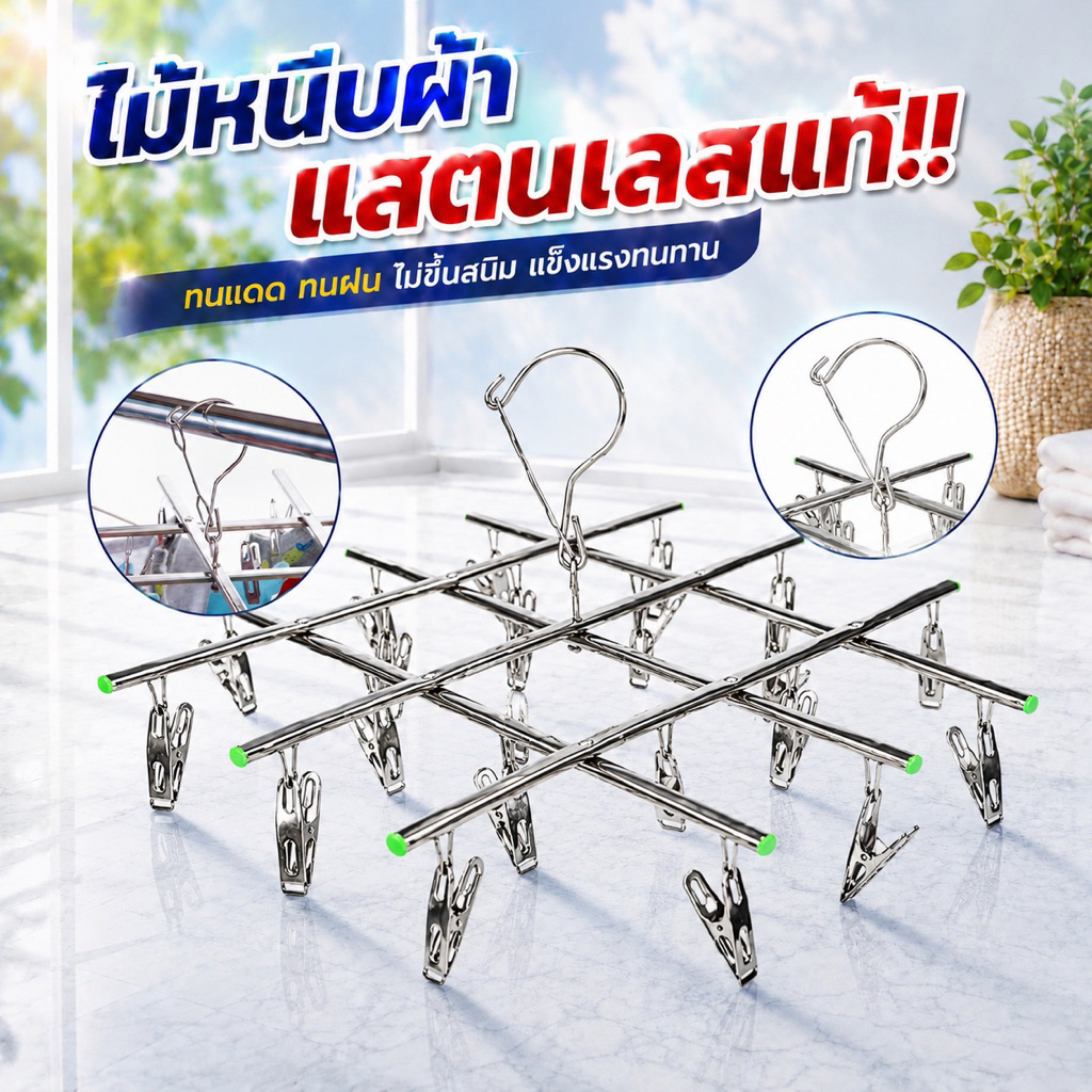 ไม้หนีบผ้าสแตนเลส  18 ตัวหนีบ ไม่ทำลายเนื้อผ้า ไม่ขึ้นสนิม แข็งแรง ทนทาน ตากผ้า ตากถุงเท้า ของใช้ในบ้าน
