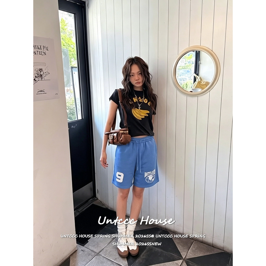 [All Match Letter Print Sweat Shorts]กางเกงขาสั้นสไตล์แฟชั่นพิมพ์ตัวอักษรยอดนิยม ทรงกว้างทำให้ต้นขาดูผอมและเรียวขึ้น