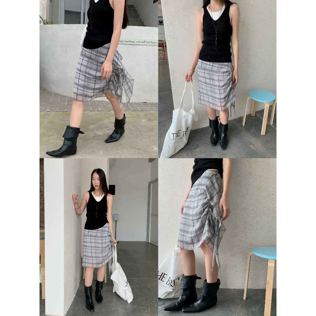 INBYIN - กระโปรงลายสก็อตชายผูกเลเยอร์ PLAID SIDE TIE SKIRT - I3726