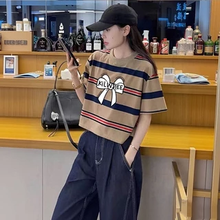 เสื้อครอปแขนสั้น oversize เสื้อผ้าสาวอวบน่ารักๆ เสื้อยืดลายทางผู้หญิงแฟชั่นฤดูร้อนใหม่ เรียบง่าย สีพิเศษ ลายทางสีสวย 3XL