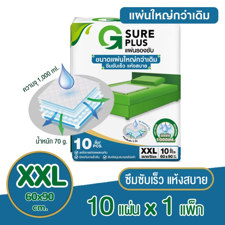 G SURE PLUS แผ่นรองซับ สำหรับผู้ใหญ่ " (ไซส์ XXL) " 1 ห่อ " 10 ชิ้น