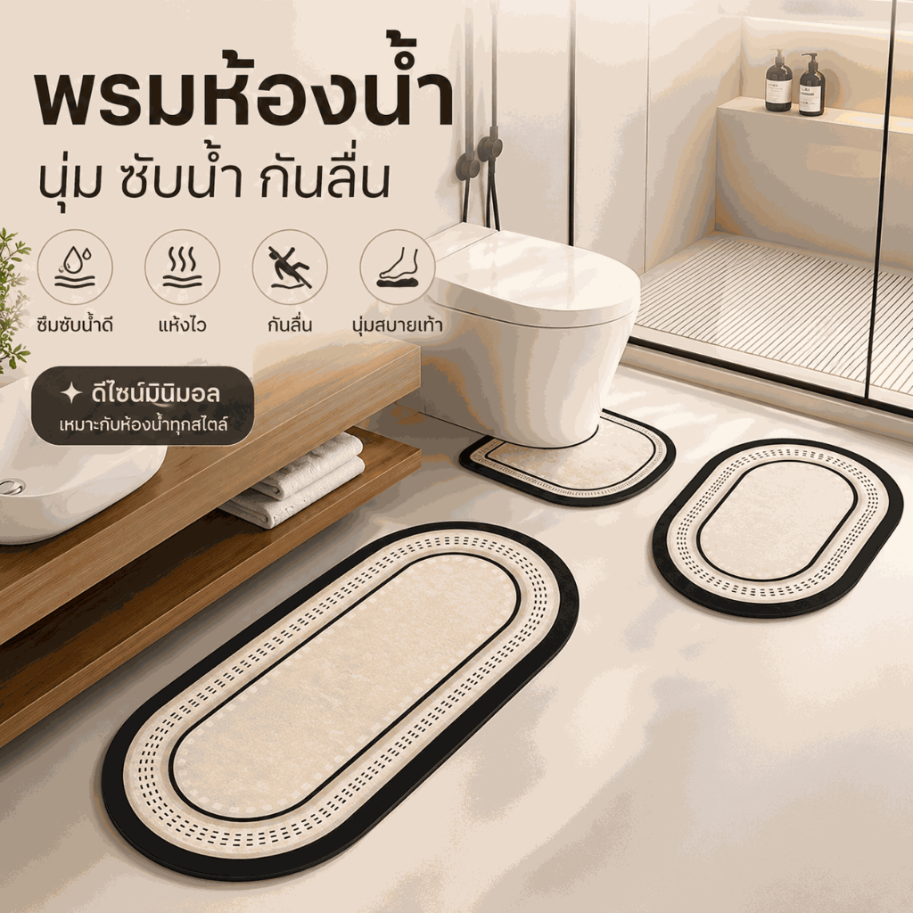 【ชุดคุ้มค่า】พรมเช็ดเท้าไดอะตอมไมต์ ชุดพรมห้องน้ำ 3 ชิ้น ซึมน้ำเร็ว แห้งไว กันลื่น ทนทาน นุ่มเท้า ดูแลง่าย ทนคราบสกปรก