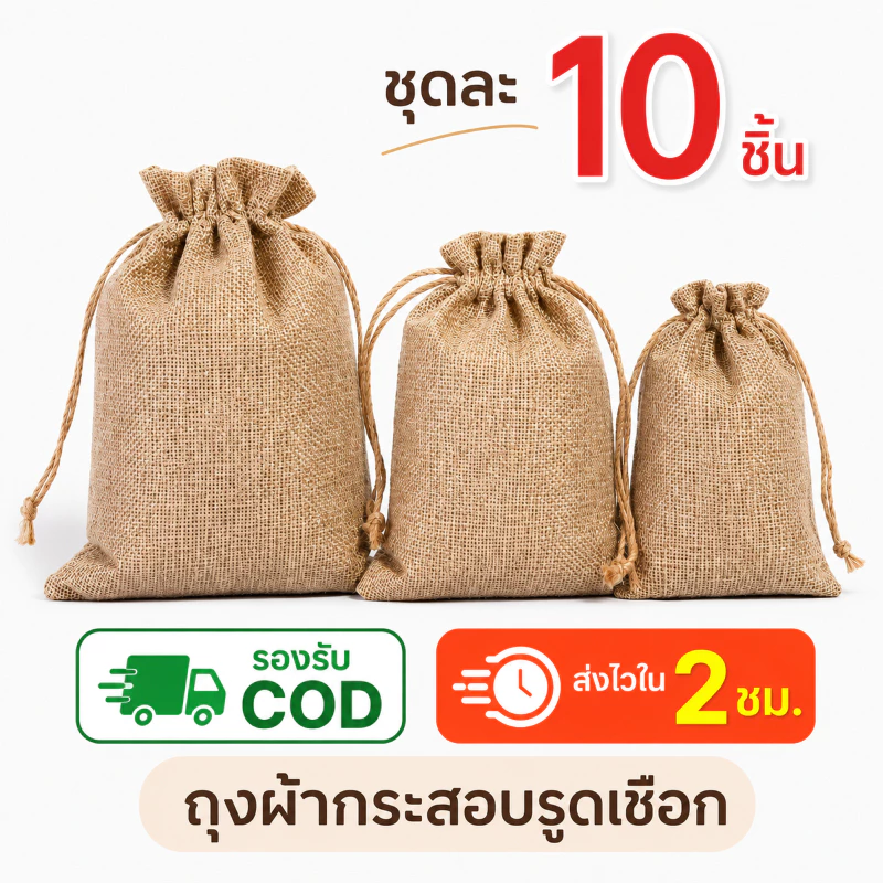 ถุงผ้ากระสอบ 10 ชิ้น/แพ็ค มีเชือกรูด กันฝุ่น ใส่ของใช้ ถุงของขวัญ ถุงจัดระเบียบ แข็งแรงทนทาน มี 6 ขนาด พร้อมส่ง COD