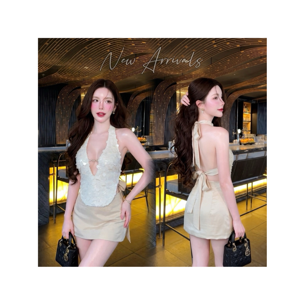D8 งานป้าย Kittit Set เซ็ท 2 ชิ้น เสื้อคล้องคอปักเลื่อม กระโปรงสั้นซับในกางเกง สำหรับผู้หญิง เสื้อผ้าผู้หญิง ไซส์ Xs-L