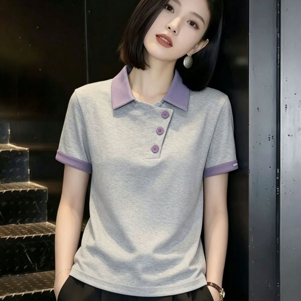 เสื้อยืดแขนสั้นคอโปโลสไตล์ใหม่ฤดูร้อน สไตล์คุณแม่ ผอมเพรียว ลดอายุ แฟชั่น ปกปิดพุง แขนสั้นต่อผ้า