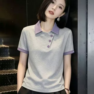 เสื้อยืดแขนสั้นคอโปโลสไตล์ใหม่ฤดูร้อน สไตล์คุณแม่ ผอมเพรียว ลดอายุ แฟชั่น ปกปิดพุง แขนสั้นต่อผ้า