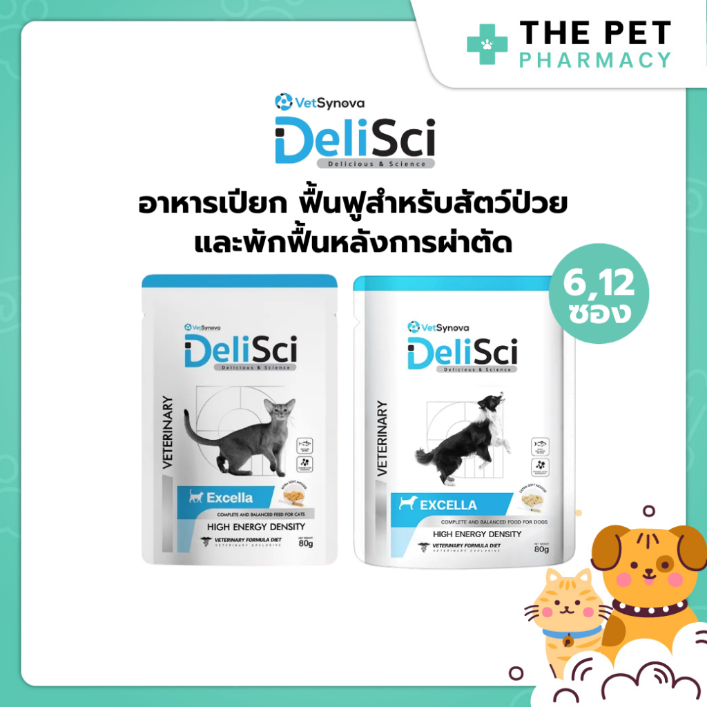 (6,12 ซอง) Delisci Excella อาหารเปียกสุนัขและแมว ฟื้นฟูสำหรับสัตว์ป่วยและขาดสารอาหาร