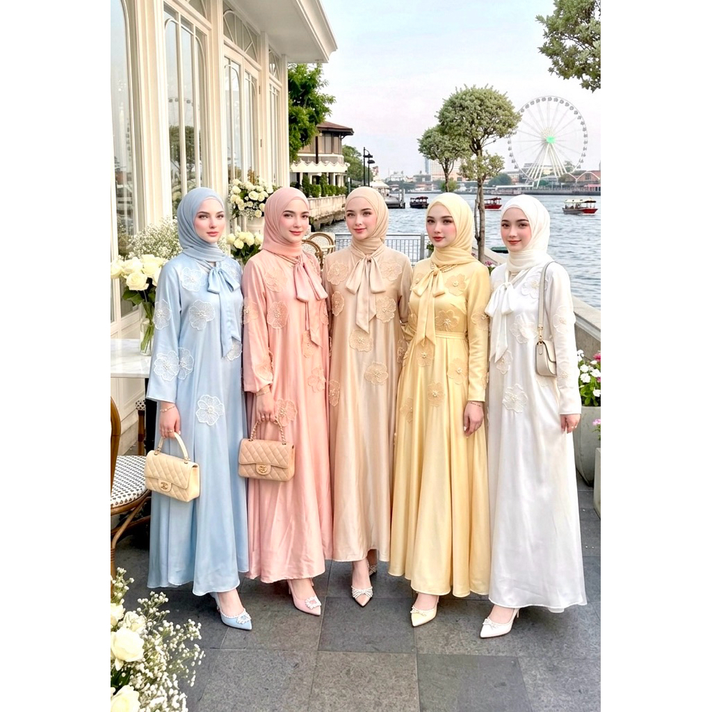 เดรสยาวผ้าซาตินลูกไม้ดอก🌸ชุดเดรสมุสลิม🌸เดรสออกงาน