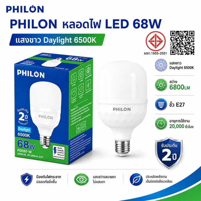 PHILON หลอดไฟ LED กำลังสูง 28W/38W/48W/58W/68W/88W แสงขาว Daylight 6500K ขั้ว E27 สว่างมาก ประหยัดไฟ รับประกัน 2 ปี