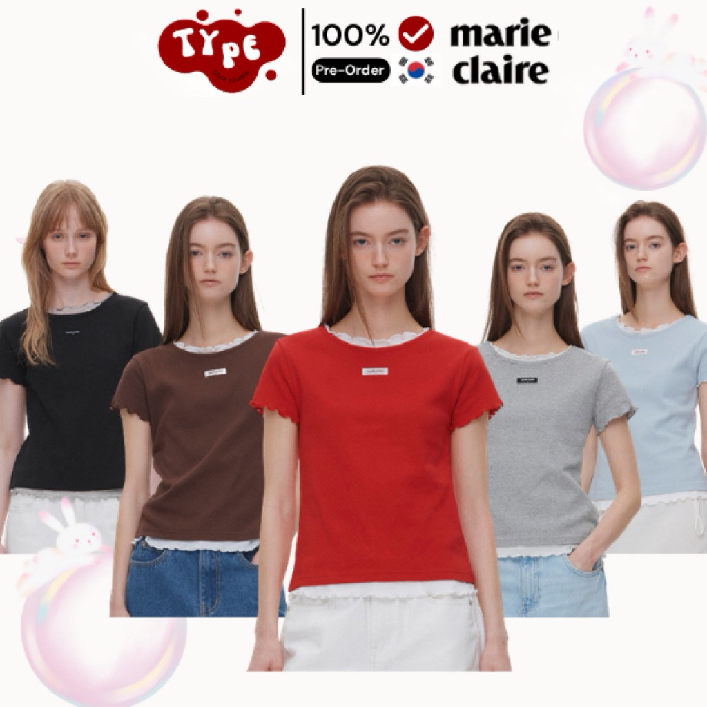 Pre-order (7-14 days ) 🇰🇷 Korea 🇰🇷  #marieclaire เสื้อยืดแขนสั้นเลเยอร์ แต่งป้ายโลโก้ ลายฉลุ