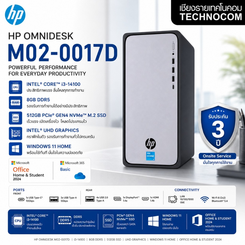 HP OmniDesk M02-0017D (คอมพิวเตอร์ตั้งโต๊ะ PC) i3-14100/8GB/512GB SSD/UHD Graphics/Win11/Office 2024