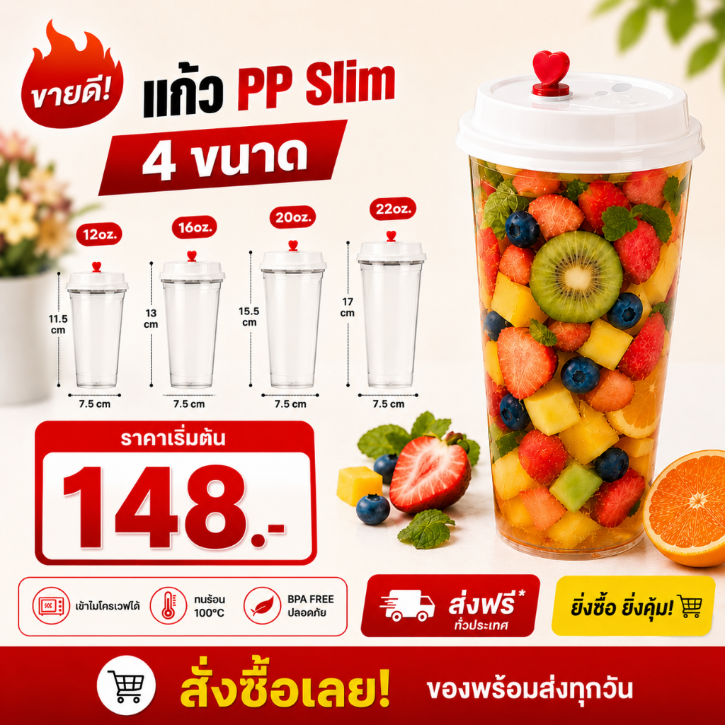 CPP -  เเก้ว PP Slim สีใส/ขุ่น แก้วน้ำ แก้วพลาสติก สำหรับร้านชานม ร้านชาไข่มุก (50ใบ)