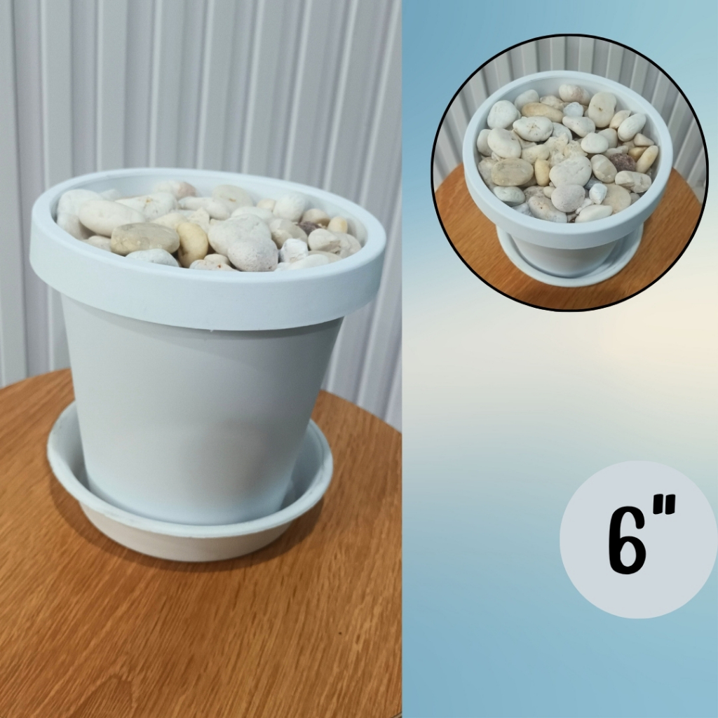 6 นิ้ว กระถางพลาสติกสีขาวทรงสูงขอบหนาพร้อมจานรองมีหินและโฟม White tall plastic pot