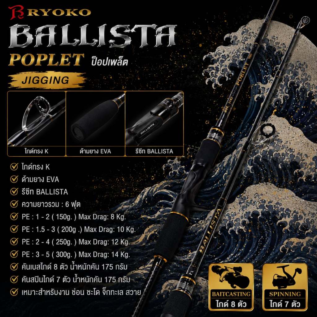 [พร้อมส่ง] คันตีเหยื่อปลอม JIGGING RYOKO BALLISTA POPLET ป็อปเพล็ต ยาว 6 ฟุต