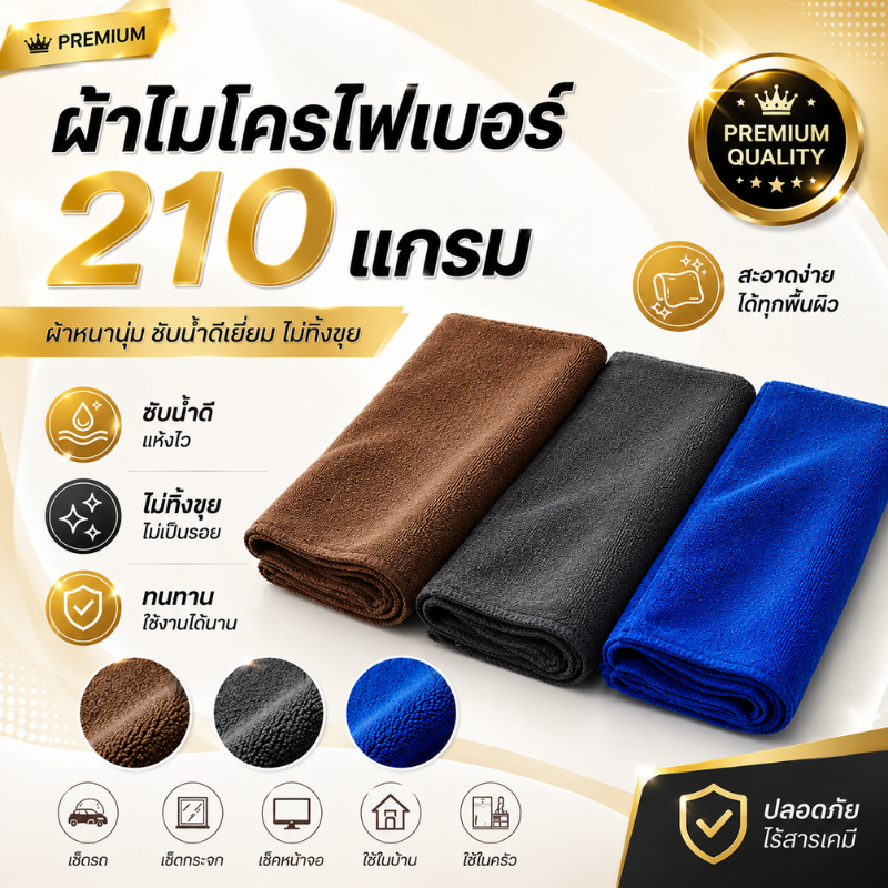 210Gsm 40x40cm ผ้าไมโครไฟเบอร์เช็ดรถ ผ้าไมโครไฟเบอร์ ทำความสะอาดเช็ดรถยนต์ อเนกประสงค์