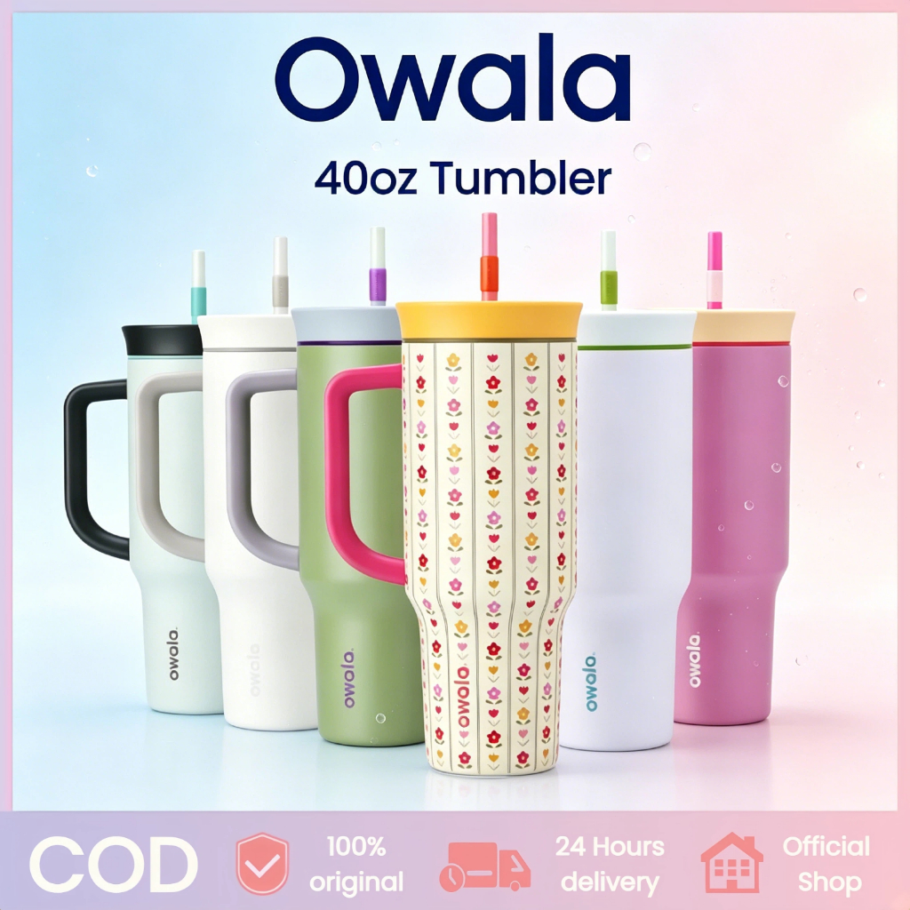Owala ขนาด 40 ออนซ์ แก้วน้ำสแตนเลส ฉนวนสุญญากาศ กันรั่ว พร้อมหลอดดูดและหูจับ