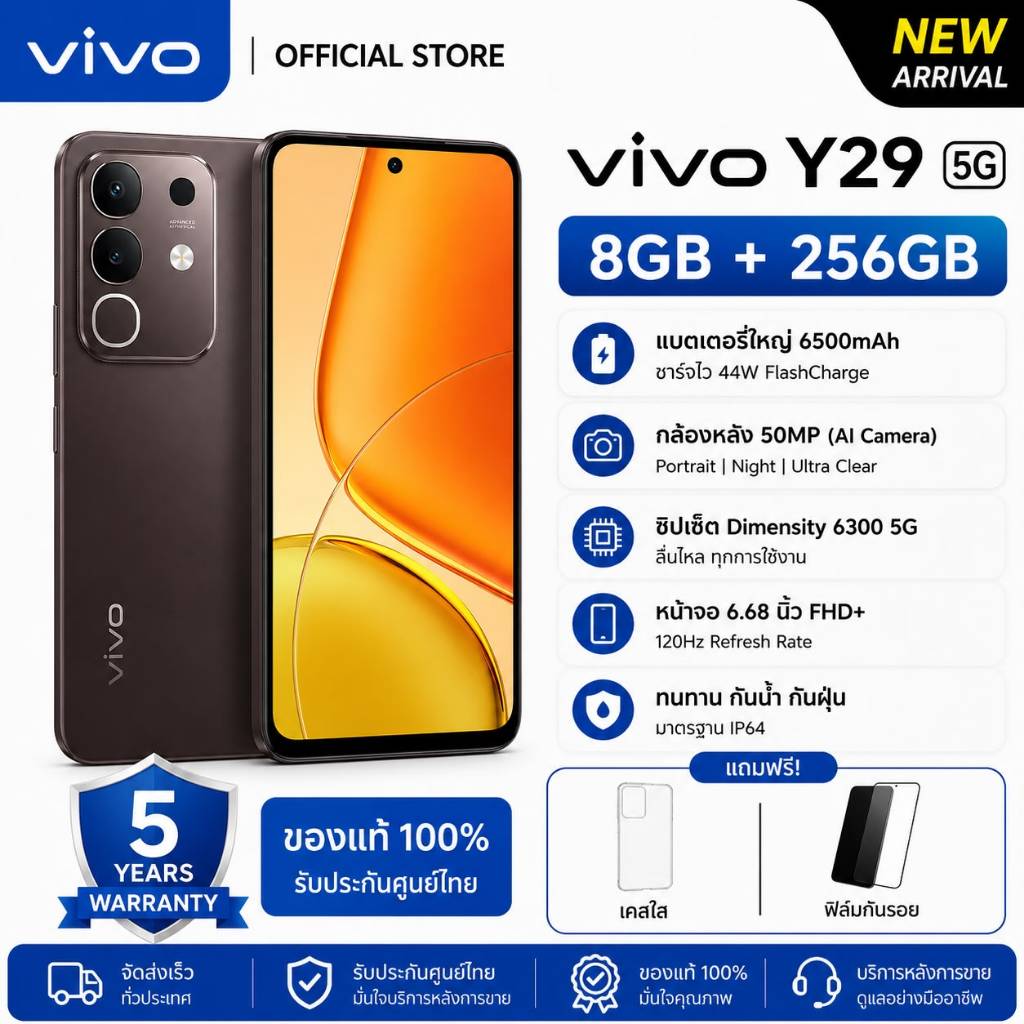 Vivo Y29 5G 8+256GB แบต 6500mAh กล้อง 50MP จอ 120Hz RAM 8GB ROM 256GB