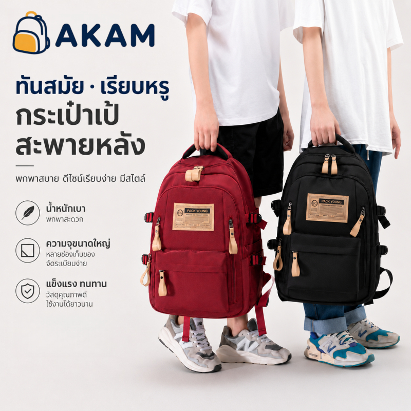 AKAM กระเป๋าเป้น้ำหนักเบาความจุขนาดใหญ่เหมาะสำหรับกระเป๋าลำลองสำหรับผู้ชายและผู้หญิง