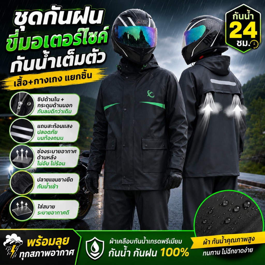 ⛈️ชุดกันฝนผู้ใหญ่  กันฝนหนัก เสื้อและกางเกงกันฝน มีแถบสะท้อนแสง ระบายอากาศดี ข้อมือยางยืด ขี่มอเตอร์ไซค์