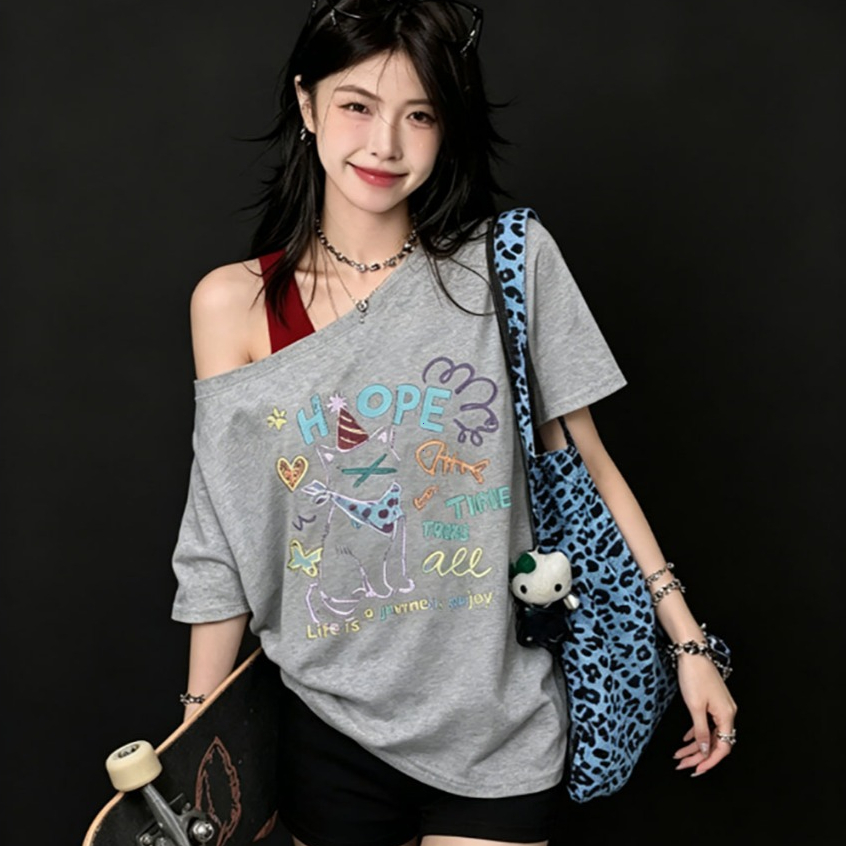 COD-เสื้อยืดสายเดี่ยวไหล่เดียวผู้หญิง ทรงหลวม สไตล์เกลือ ฤดูร้อน คอมมิวเตอร์แคชชวล-มีให้เลือกหลายสี