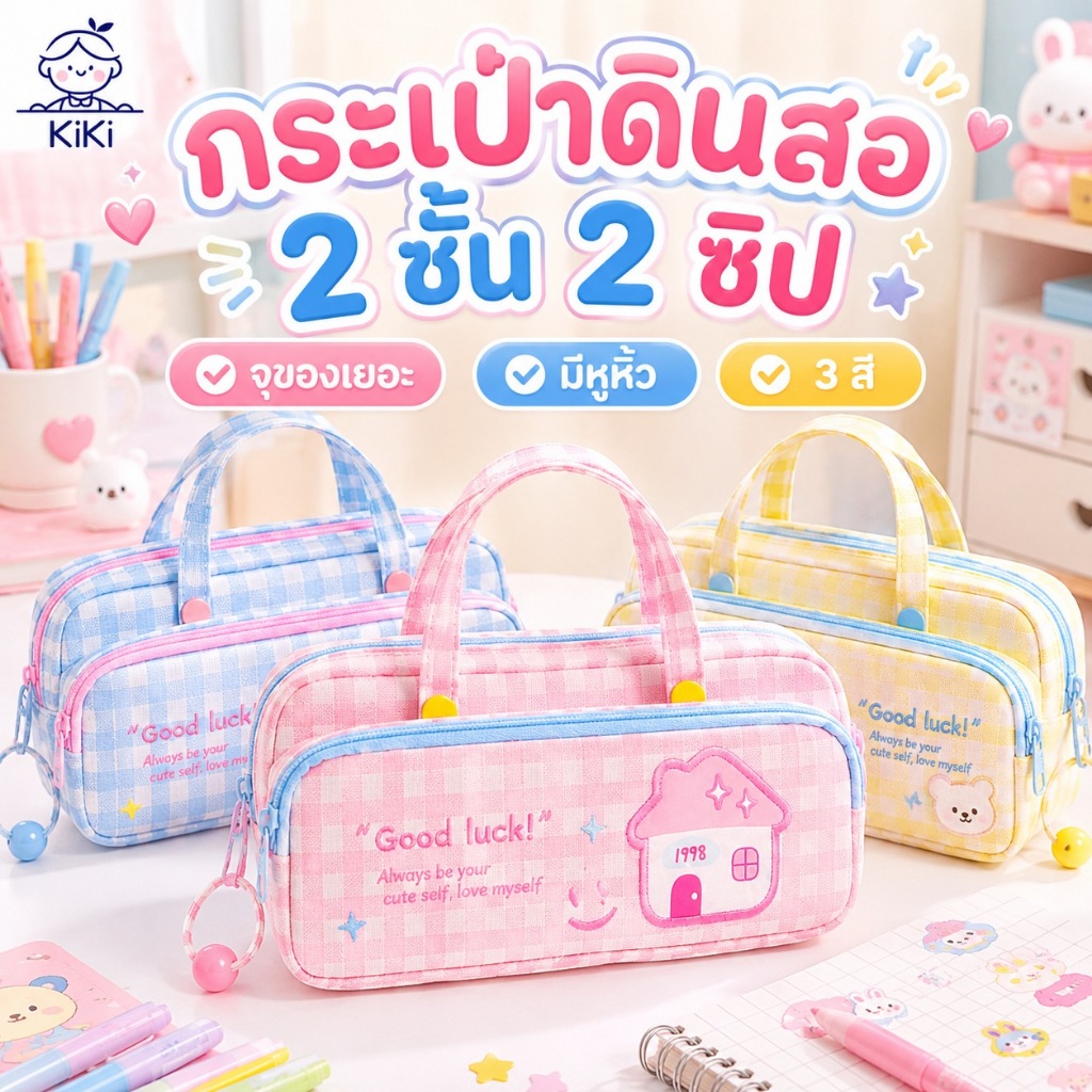 KiKi กระเป๋าดินสอ 2 ชั้น 2 ซิป ลายตารางน่ารัก จุเยอะ มีหูหิ้ว กระเป๋าเครื่องเขียน กล่องดินสอนักเรียน พร้อมส่ง