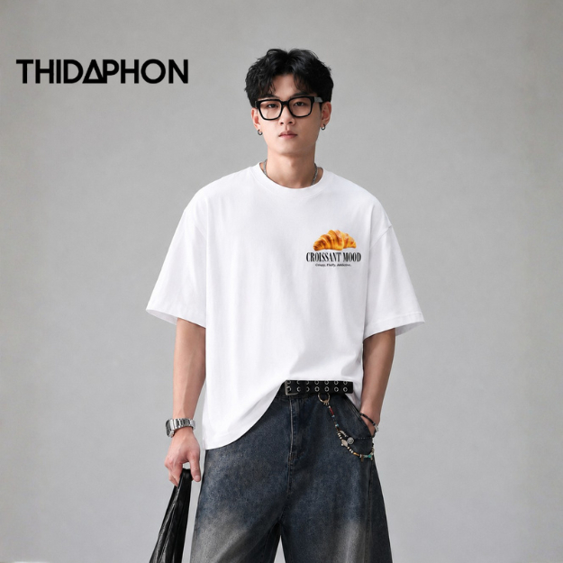 THIDAPHON เสื้อยืดแขนสั้น คอกลม เสื้อยืดผู้ชาย สีขาว สีดำ แฟชั่น พิมพ์ลาย Oversize ผ้านุ่ม  ทรงหลวม ใส่สบาย ระบายอากาศ