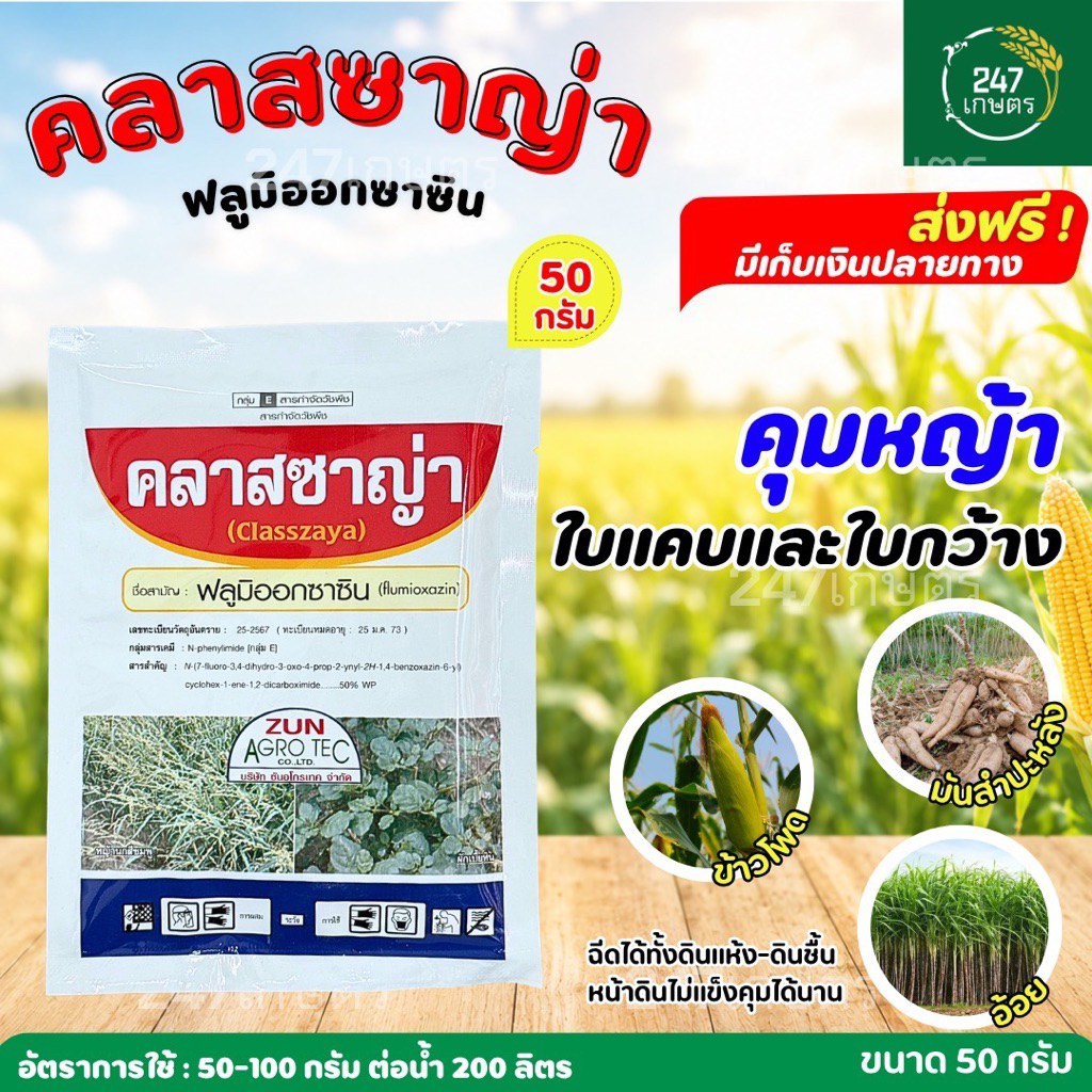 คลาสซาญ่า ฟลูมิออกซาซิน 50 กรัม 50 % WP คุมหญ้านาน 2-3 เดือน ไร่อ้อย มันสำปะหลัง สวนผลไม้ สวนทุเรียน ทั้งดินแห้ง-ดินชื้น