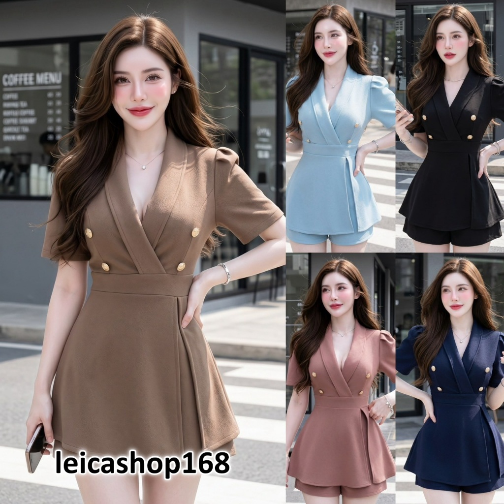 สินค้าพร้อมส่ง ชุดเซตสั้น ผ้าวูลเวฟ เสื้อคอปกอกไขว้ แต่งกระดุมเมอแรง ผ่าหน้า+เอวเรียบสม็อคหลัง A8324