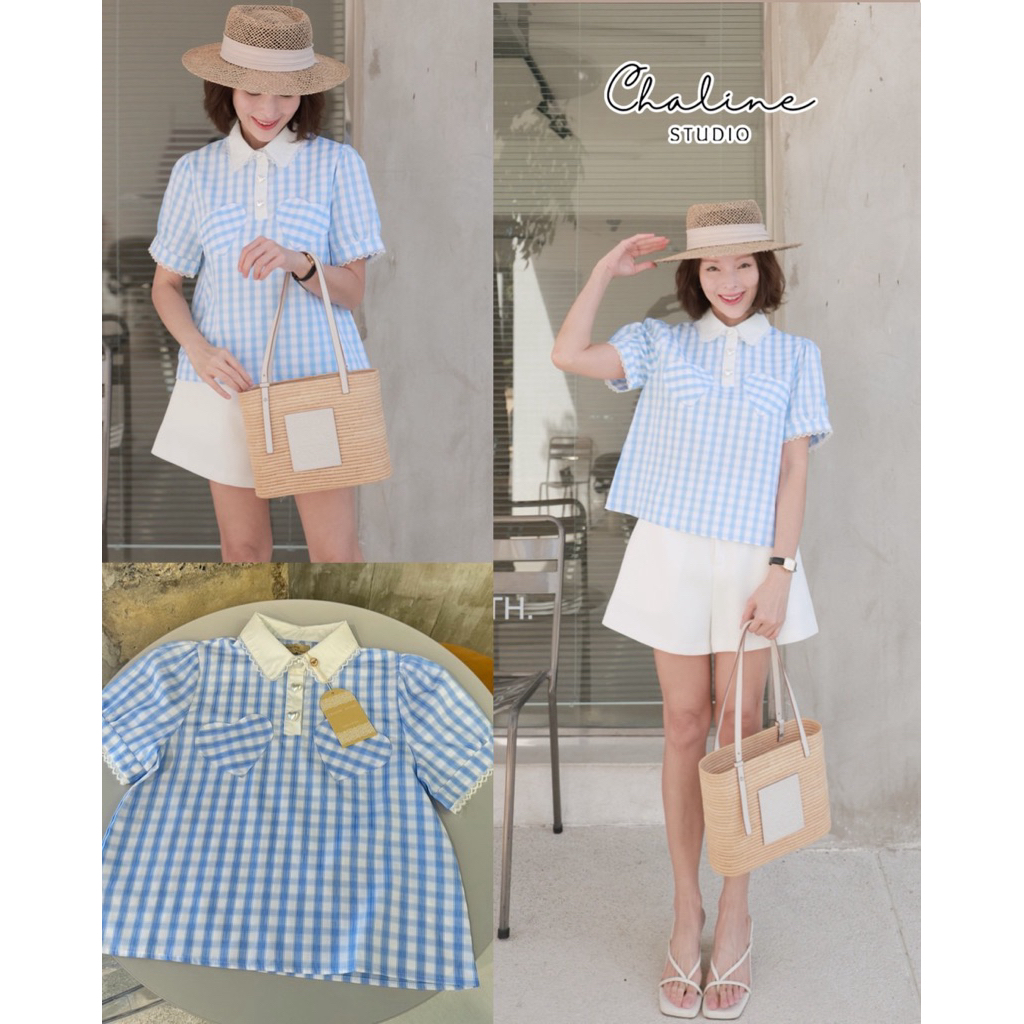 chalinestudio  เสื้อแขนสั้นขอบลูกไม้เล็ก เนื้อผ้าคอตตอนใส่สบาย พิมพ์ลายสก้อตตี้น่ารัก แต่งคอปก