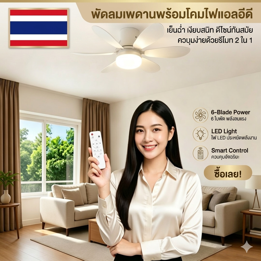 โคมไฟพัดลมเพดานขั้ว E27 – เย็นเร็วทันใจ ควบคุมอัจฉริยะผ่านรีโมท ตั้งเวลาปิดอัตโนมัติ