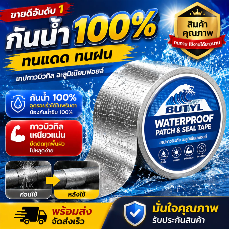 เทปกันน้ำ เทปกาวกันน้ํารั่วซึม เทปบิวทิล กันรั่วซึม หลังคา ท่อน้ำ กาวเหนียว ทนทาน ติดแน่น แข็งแรง กันความร้อน กันยูวี