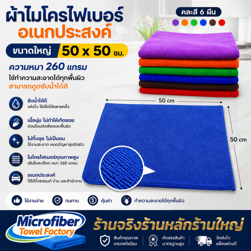 ผ้าเช็ดทําความสะอาด ผ้าไมโครไฟเบอร์ ผ้าเช็ดรถ ขนาด 50x50 ความหนา 260 แกรม (คละสี  6 ผืน)