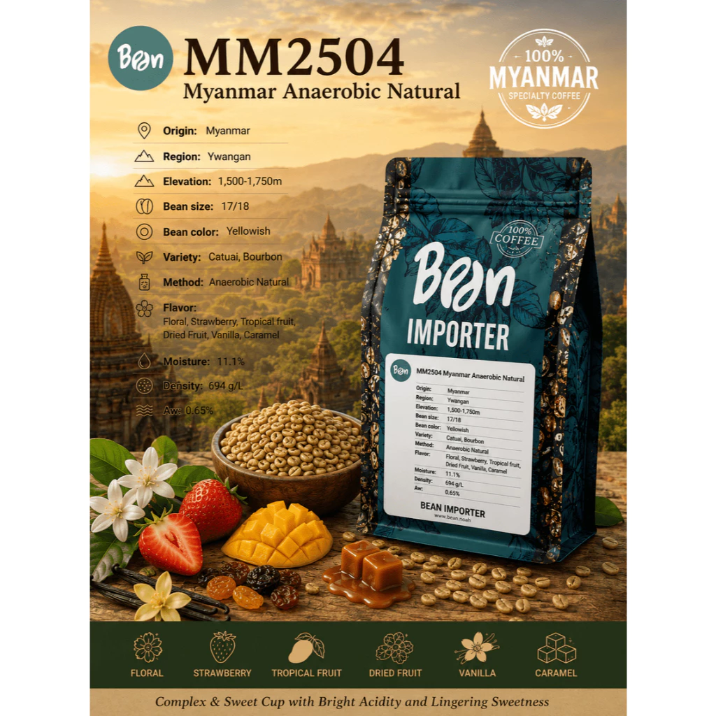 สารกาแฟ/เมล็ดกาแฟดิบ/Green bean(MM2504) ประเทศพม่า/เมียนมา Myanmar Anaerobic Natural - 1Kg. Bean Importer