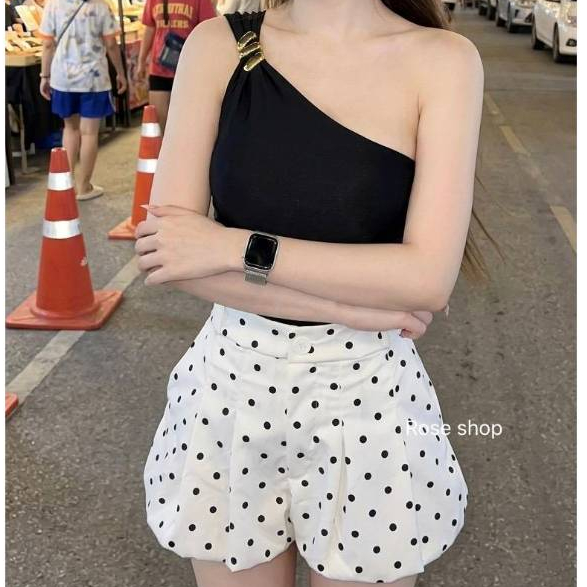 Women Short Co-ord Set Asymmetric One-Shoulder Black Top + Black/White Polka Dot Puff Shorts, Summer Beach & Cafe Outfit