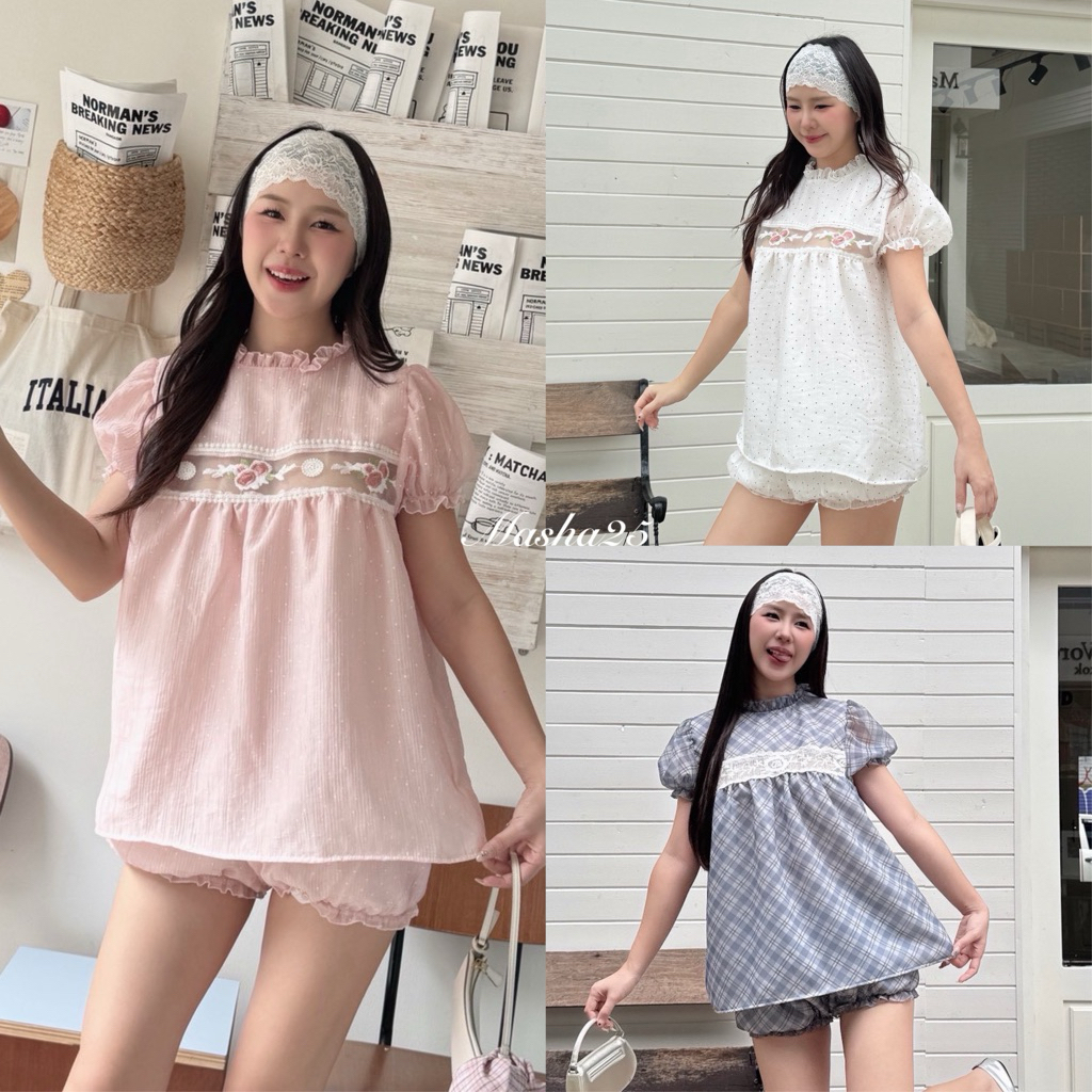 เซ็ตเสื้อแขนตุ๊กตา แต่งซีทูคาดอก กางเกงบอลลูนขาสั้น