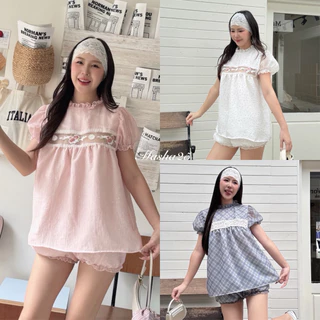 เซ็ตเสื้อแขนตุ๊กตา แต่งซีทูคาดอก กางเกงบอลลูนขาสั้น