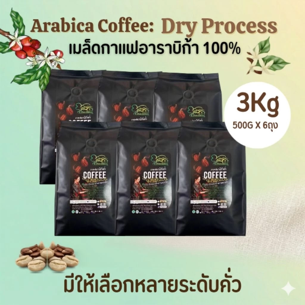 เมล็ดกาแฟอาราบิก้า 3 กิโลกรัม (500gx6) กาแฟคั่วบด กาแฟดอยช้าง