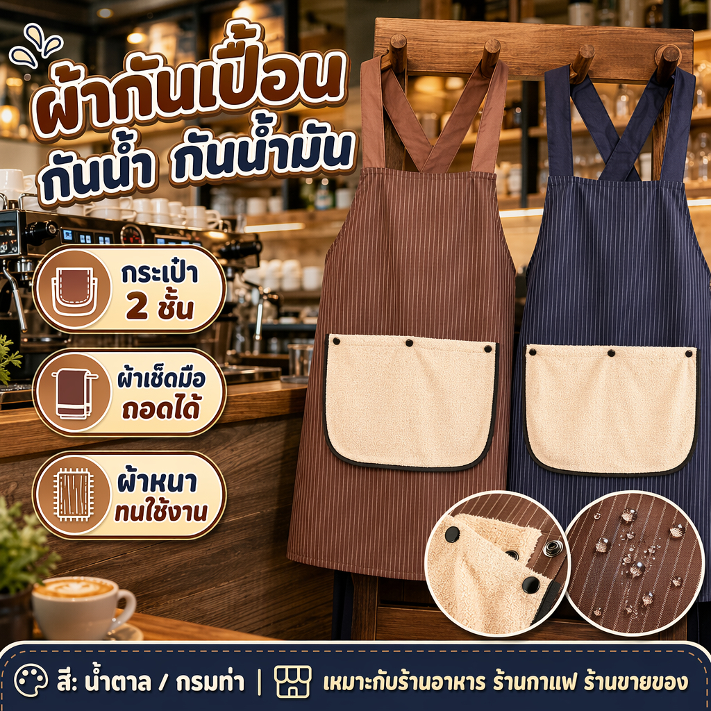 ผ้ากันเปื้อน ถอดออกมาทำความสะอาดได้ แบบหนา กันน้ำ กันน้ำมัน สำหรับร้านอาหาร ร้านทำกาแฟ ผ้ากันเปื้อร้านขายของ