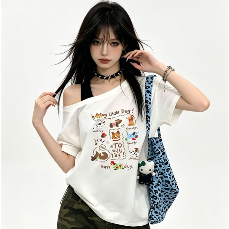 COD-เสื้อยืดผู้หญิง-น่ารักจริง ๆ-การออกแบบไหล่ ที่สะดวกสบาย-ลายดอกไม้ของโดพามีน-เสื้อผู้หญิงแฟชั่น-ออกไป แต่งตัวประจำวัน