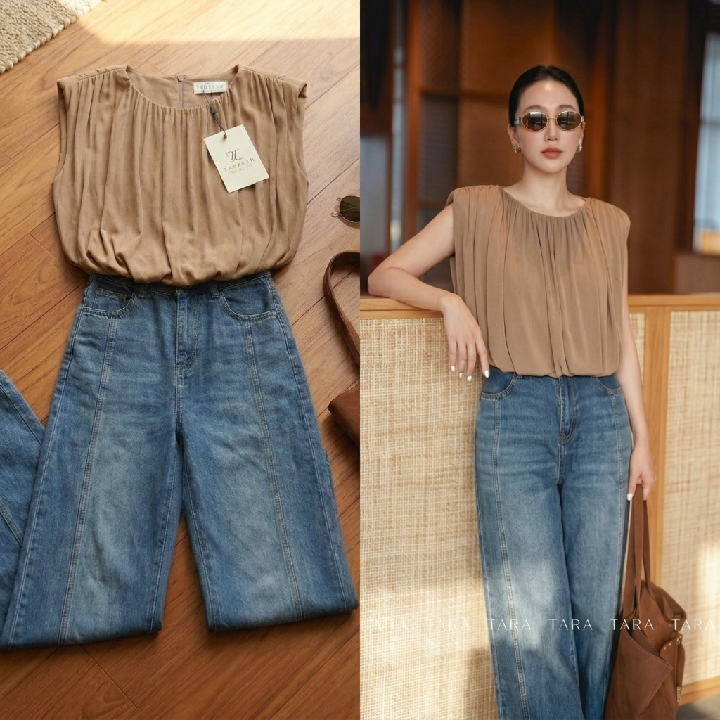 C111 (เฉพาะเสื้อ) เสื้อเบลาส์ผู้หญิง ผ้าพริ้ว ดีไซน์อัดจีบช่วงอก