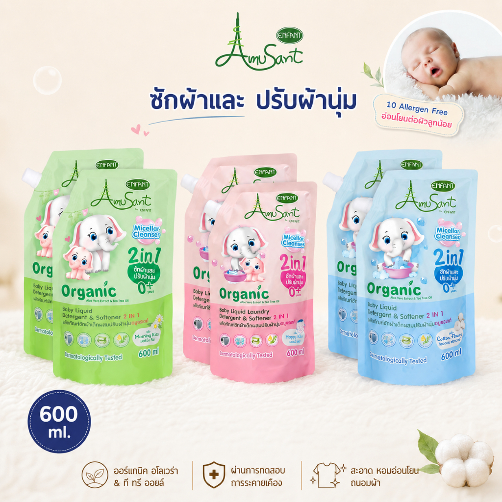 น้ำยาซักผ้าสำหรับเด็ก ผสมปรับผ้านุ่ม 2in1 สูตรออร์แกนิค ขนาด 600 มล.(1ถุง)