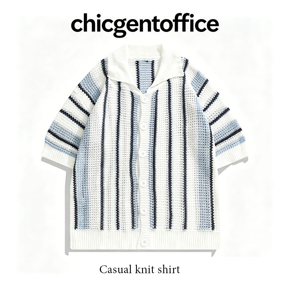 CHICGENT COD เสื้อเชิ้ตลําลองผ้าถัก คอปก ทรงหลวม ลายทาง สีสันสดใส สไตล์เรโทร
